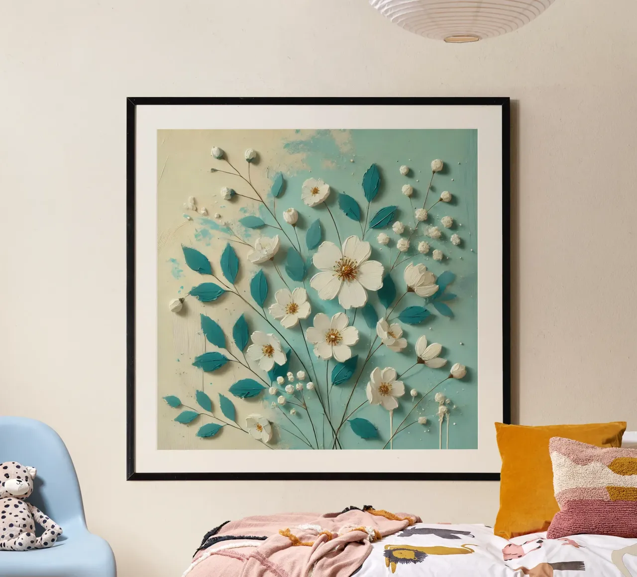 Fiori turchesi poster con telaio in alluminio da abstrakt