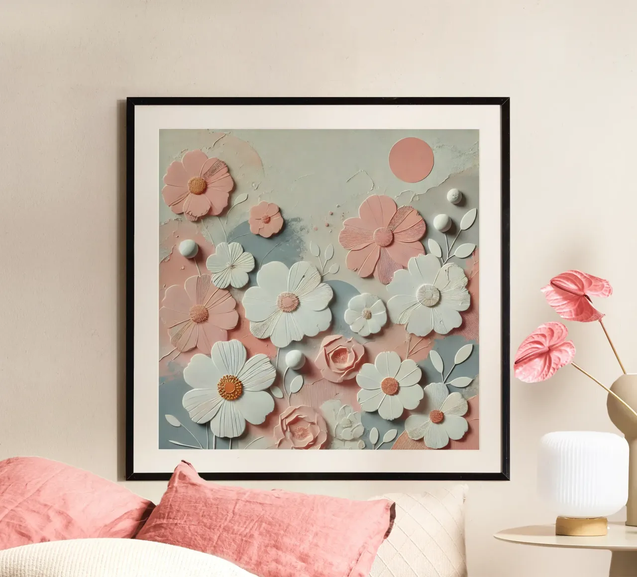 Fiori rosa poster con telaio in legno da abstrakt