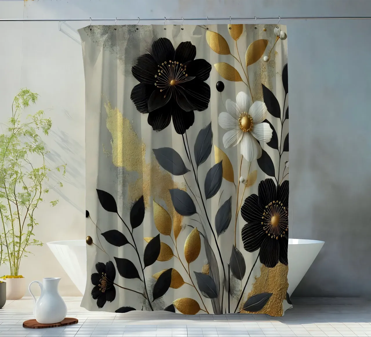 Fleurs Noir Or rideau de douche de abstrakt