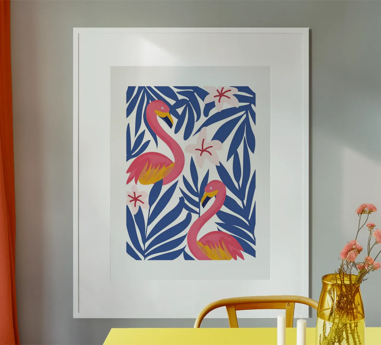 Illustrazione tropicale con fenicotteri rosa poster con telaio in plastica da DWA