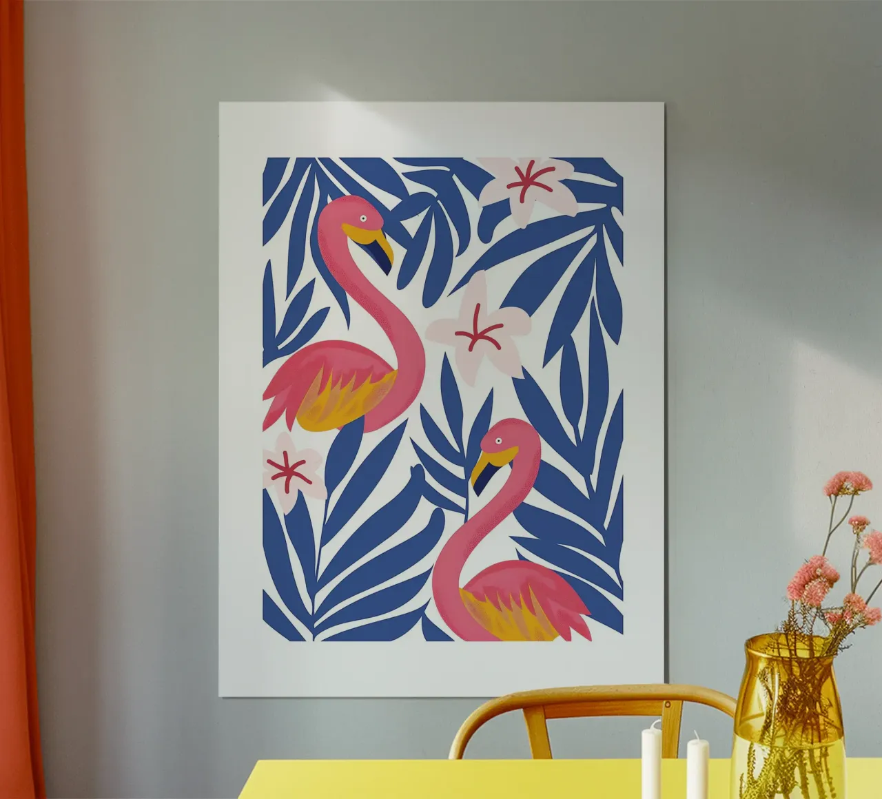 Illustrazione tropicale con fenicotteri rosa poster con telaio in plastica da DWA