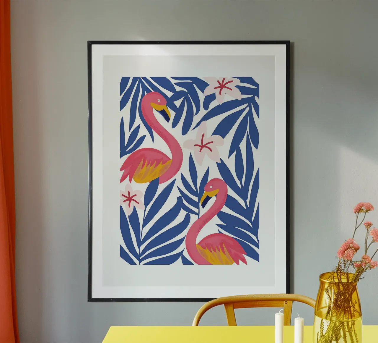 Illustrazione tropicale con fenicotteri rosa poster con telaio in plastica da DWA