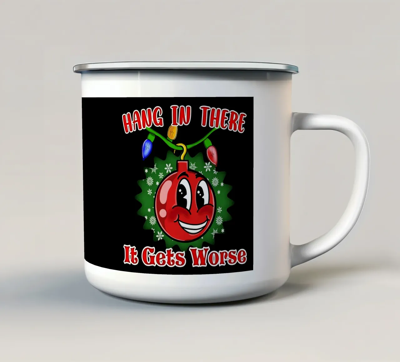 Divertente Pallone di Natale Hang in There tazza in smalto da sillyindustries