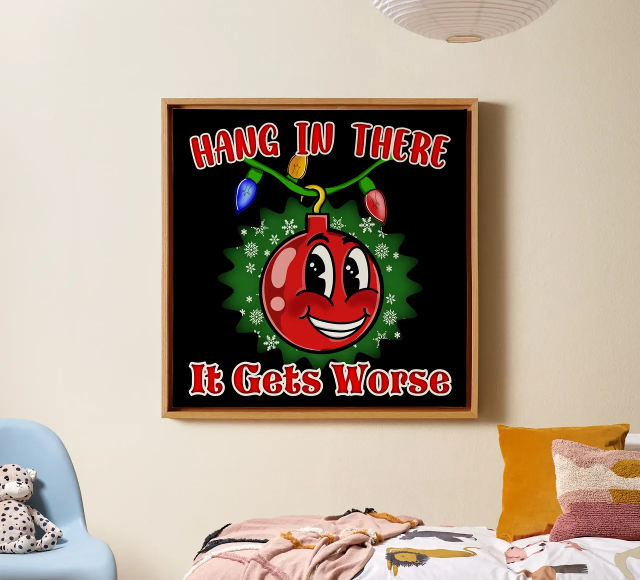 Grappige Hang in There Kerstbal canvas met Baklijst van sillyindustries