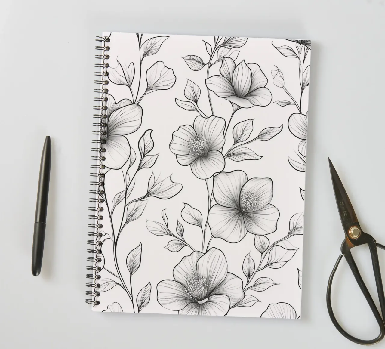 Elegant floral pattern in black and white spiral notebook by DWA