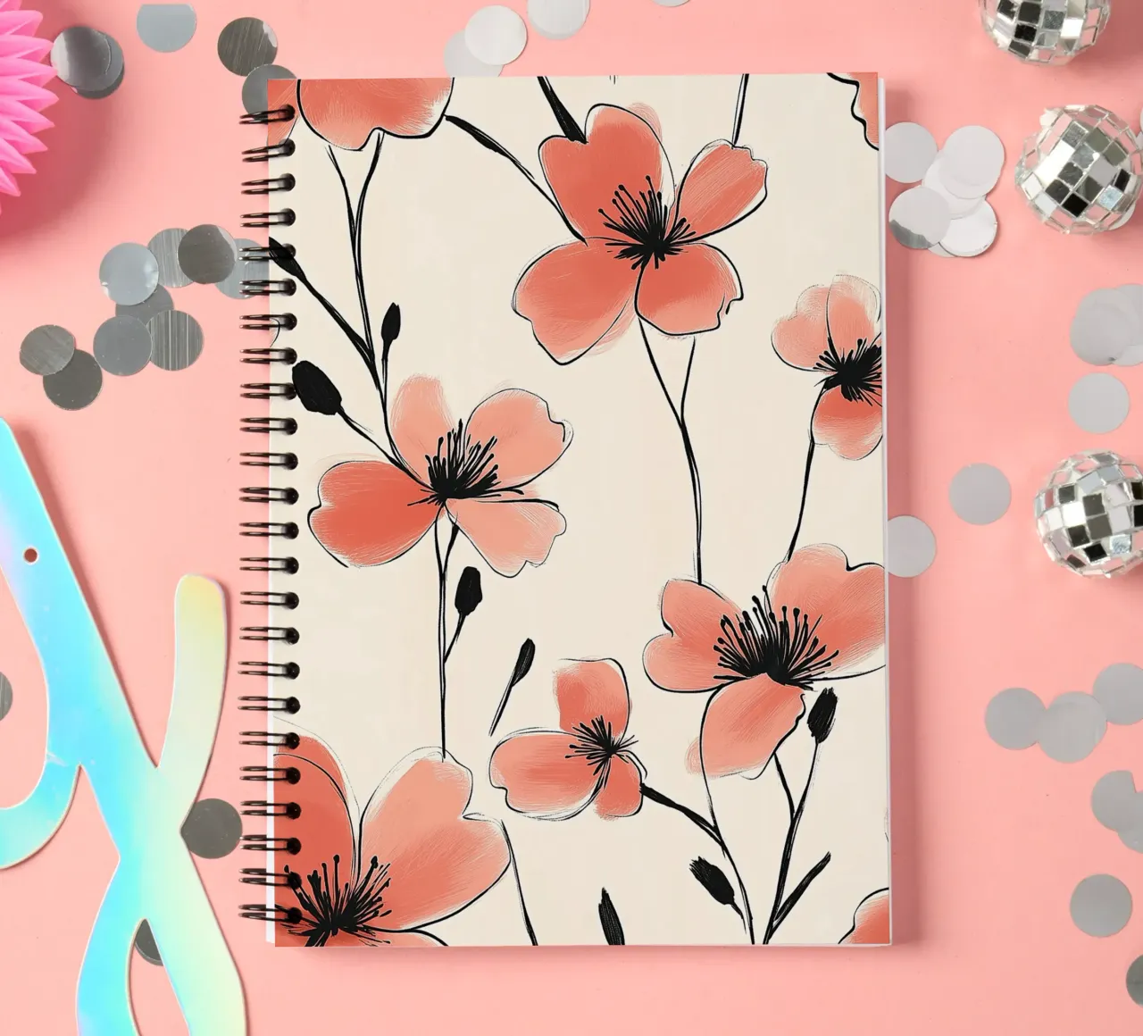 Design floreale minimalista con fiori rossi diario ad anelli da DWA