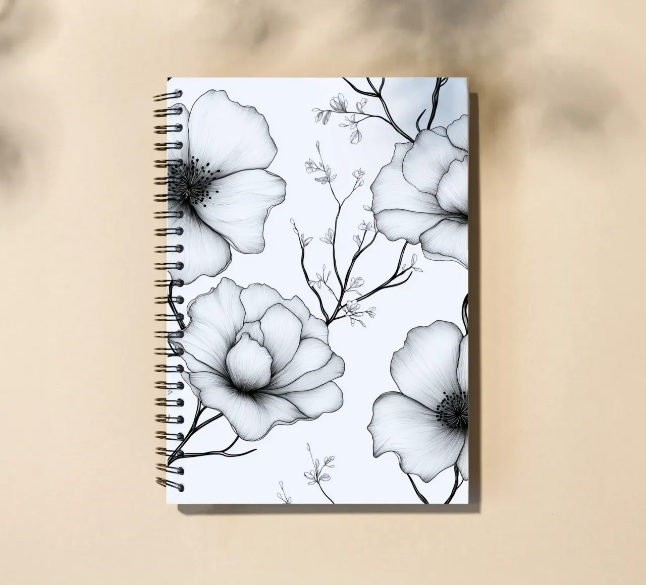 Delicate floral pattern in black and white spiral notebook by DWA