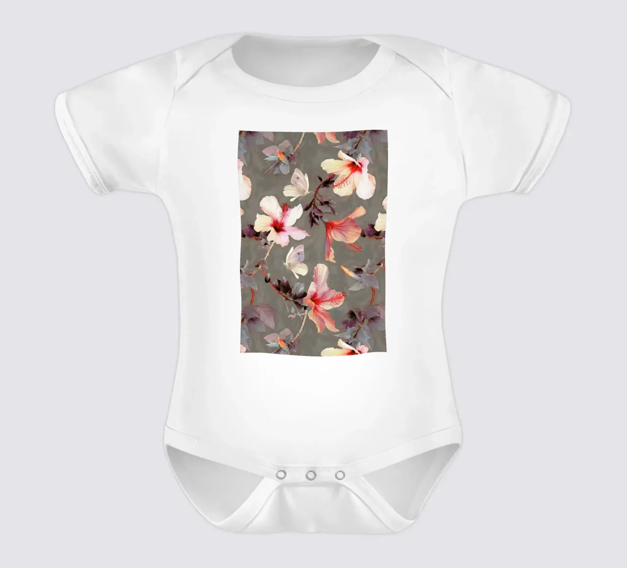 Coral Hibiscus short-sleeve baby romper by Micklyn Le Feuvre