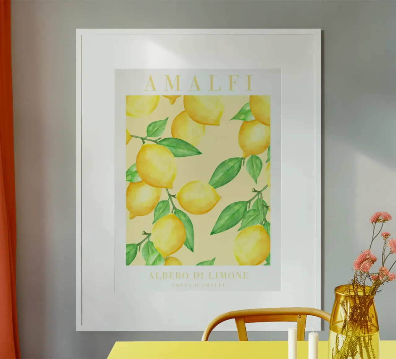 Amalfiküste Zitrone Aquarelldruck Poster mit Kunststoffrahmen von Bella Studio