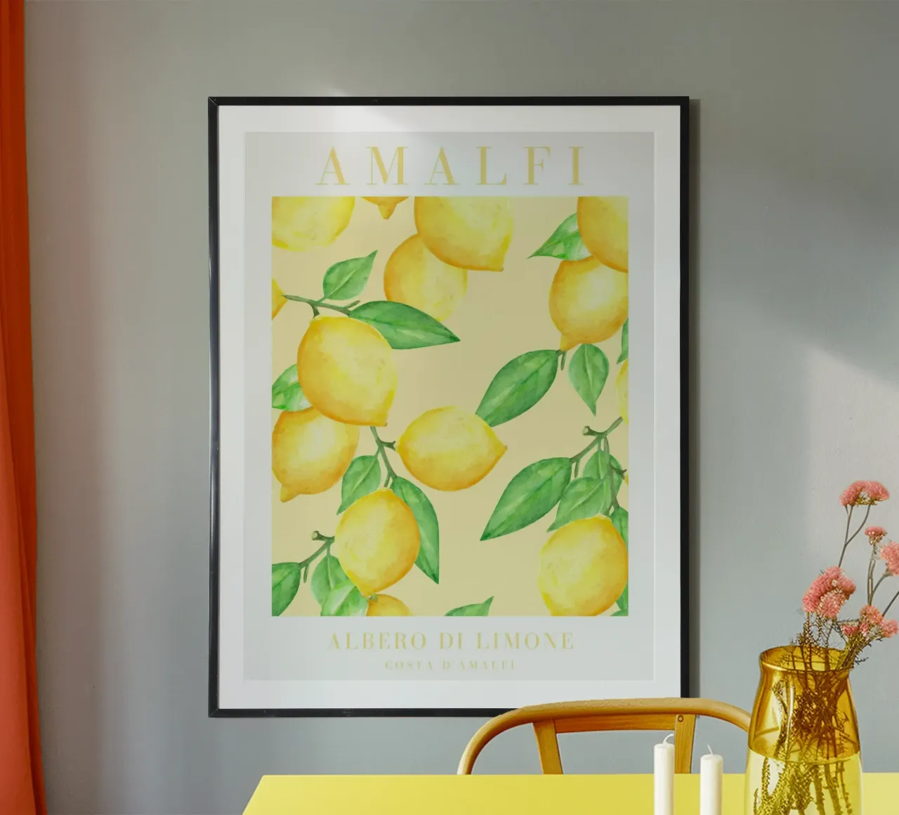 Amalfiküste Zitrone Aquarelldruck Poster mit Kunststoffrahmen von Bella Studio