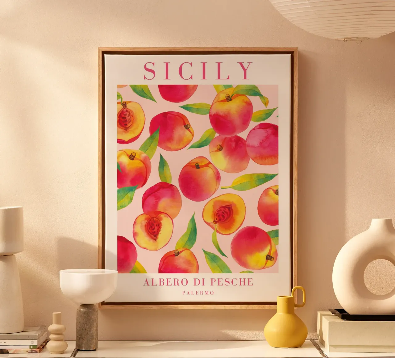 Sicily Watercolor Peach Print canvas with Floater frame by Bella Studio