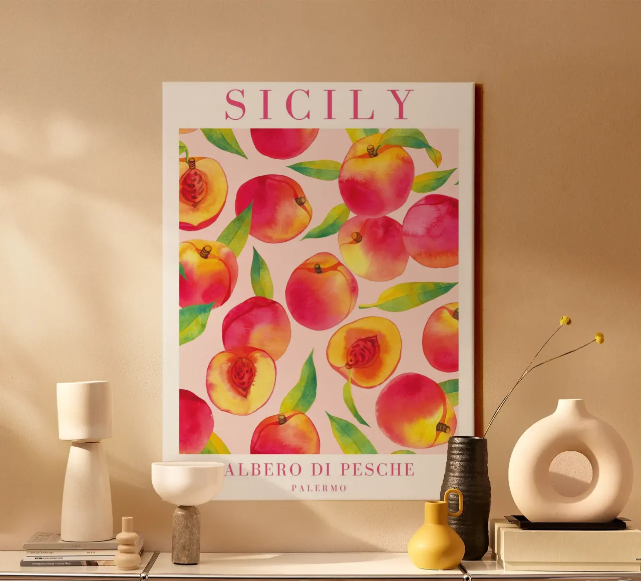 Sicily Watercolor Peach Print canvas with Floater frame by Bella Studio