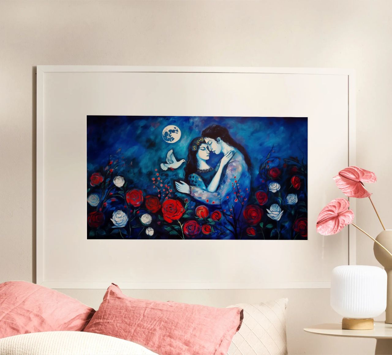Lovers with dove, roses and peace - Painting | 16:9 poster by Autofocus