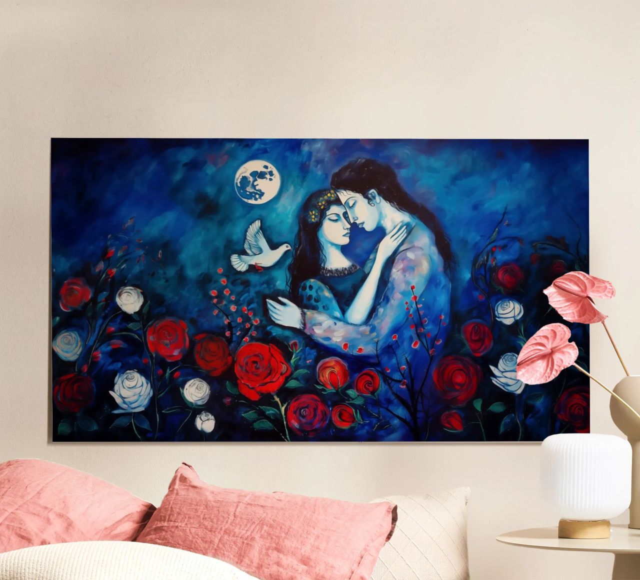 Lovers with dove, roses and peace - Painting | 16:9 poster by Autofocus