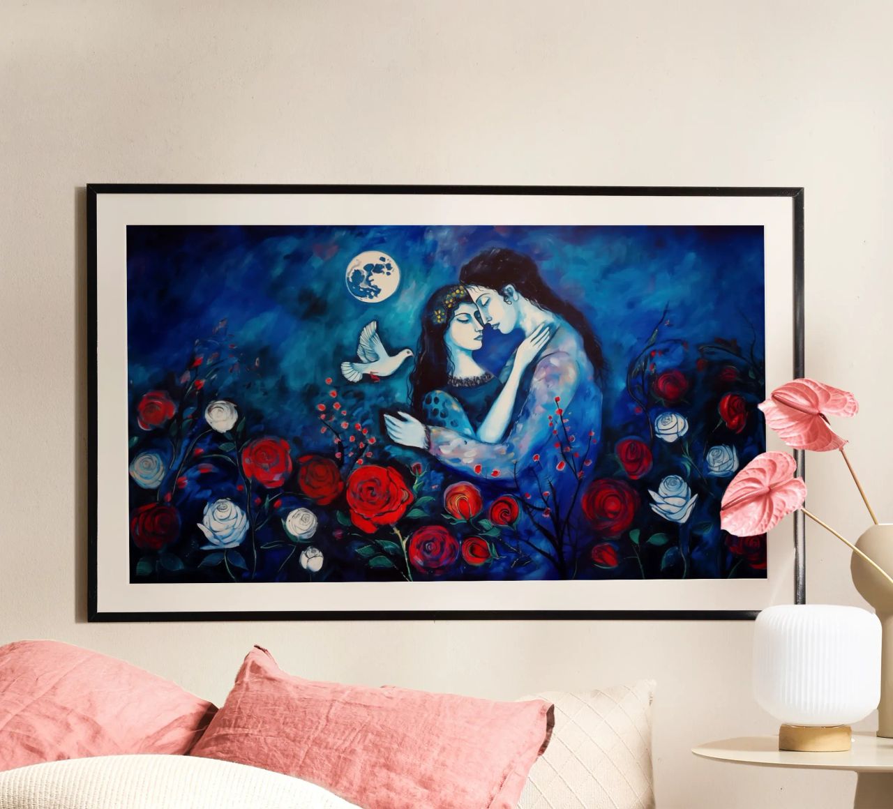 Lovers with dove, roses and peace - Painting | 16:9 poster by Autofocus