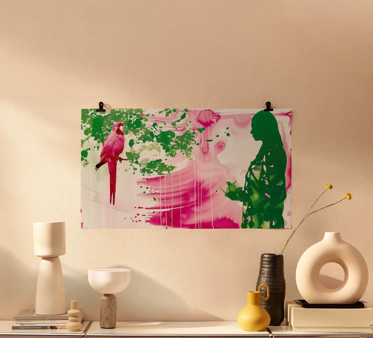 Dare da mangiare al pappagallo rosa | stile acquerello 16:9 poster da Autofocus