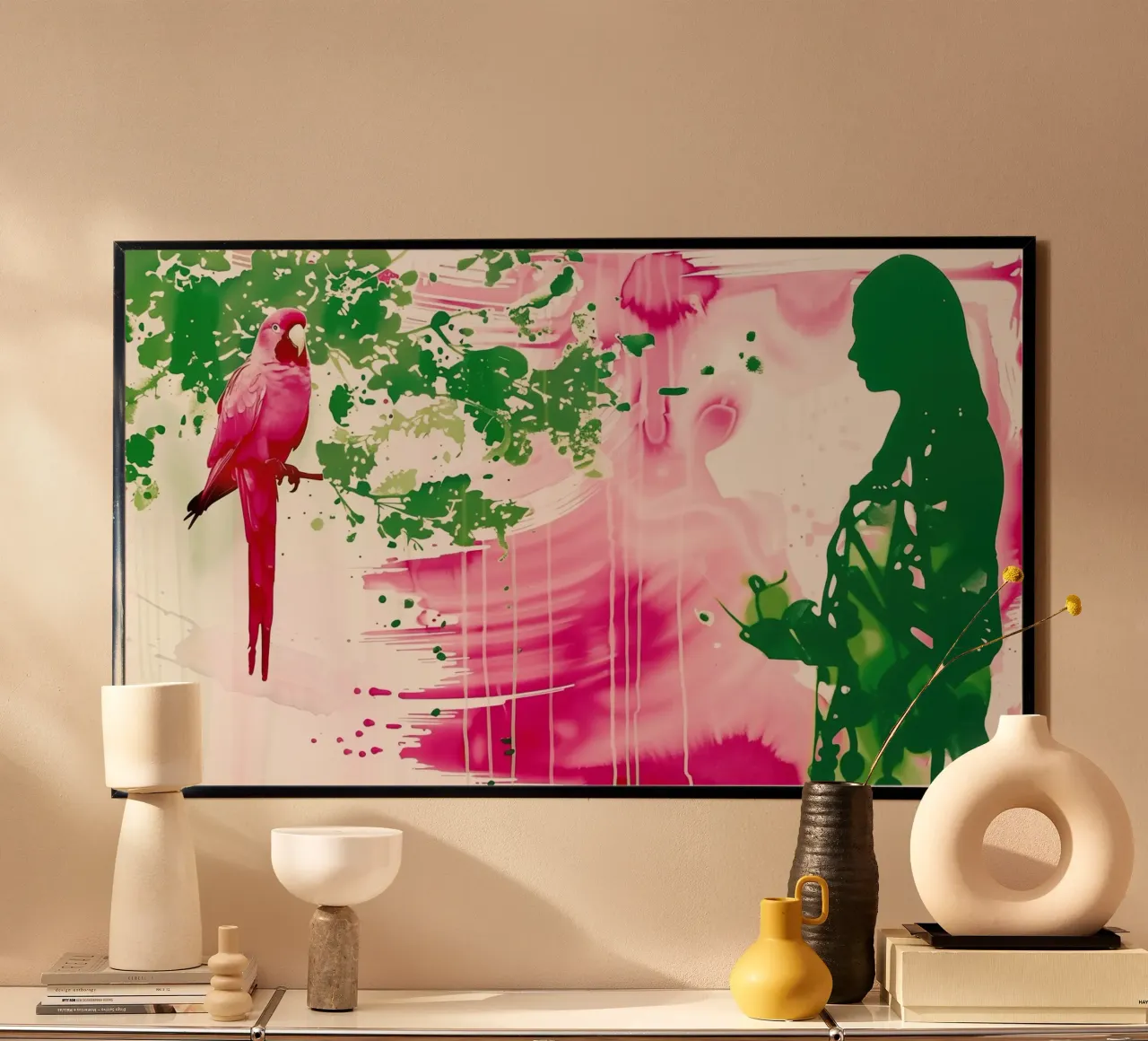 Dare da mangiare al pappagallo rosa | stile acquerello 16:9 poster da Autofocus
