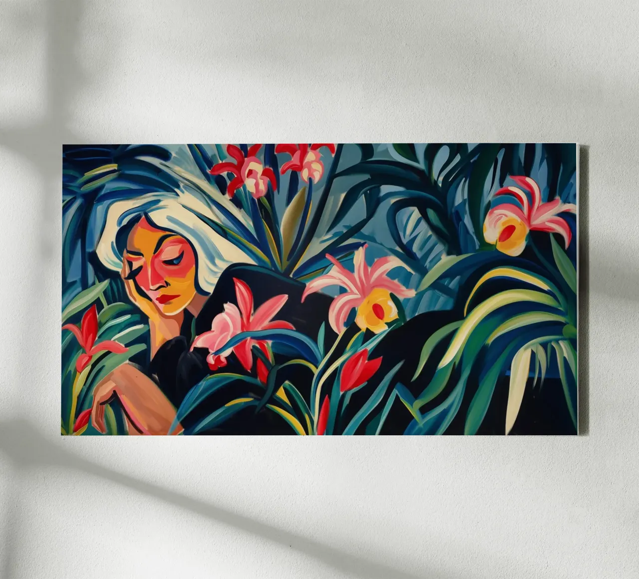 Donna sul prato di orchidee - Espressionismo | 16:9 tela con Cornice a cassetta da Autofocus