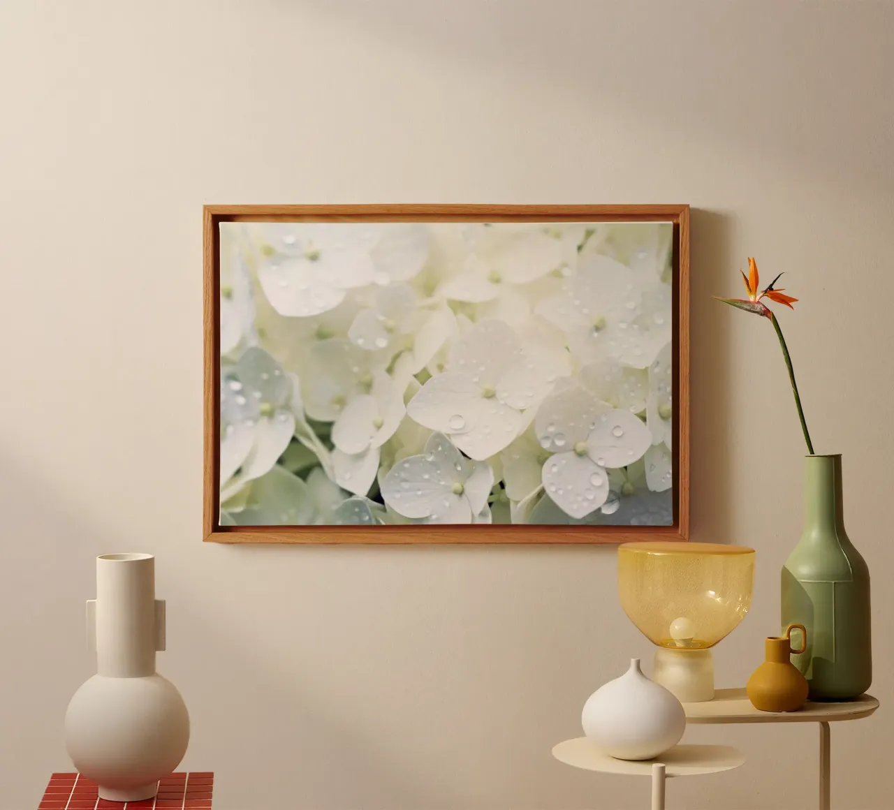 Pure Serenity: White Hydrangea Close-Up with Dewy Elegance canvas with Floater frame by Modern Muse