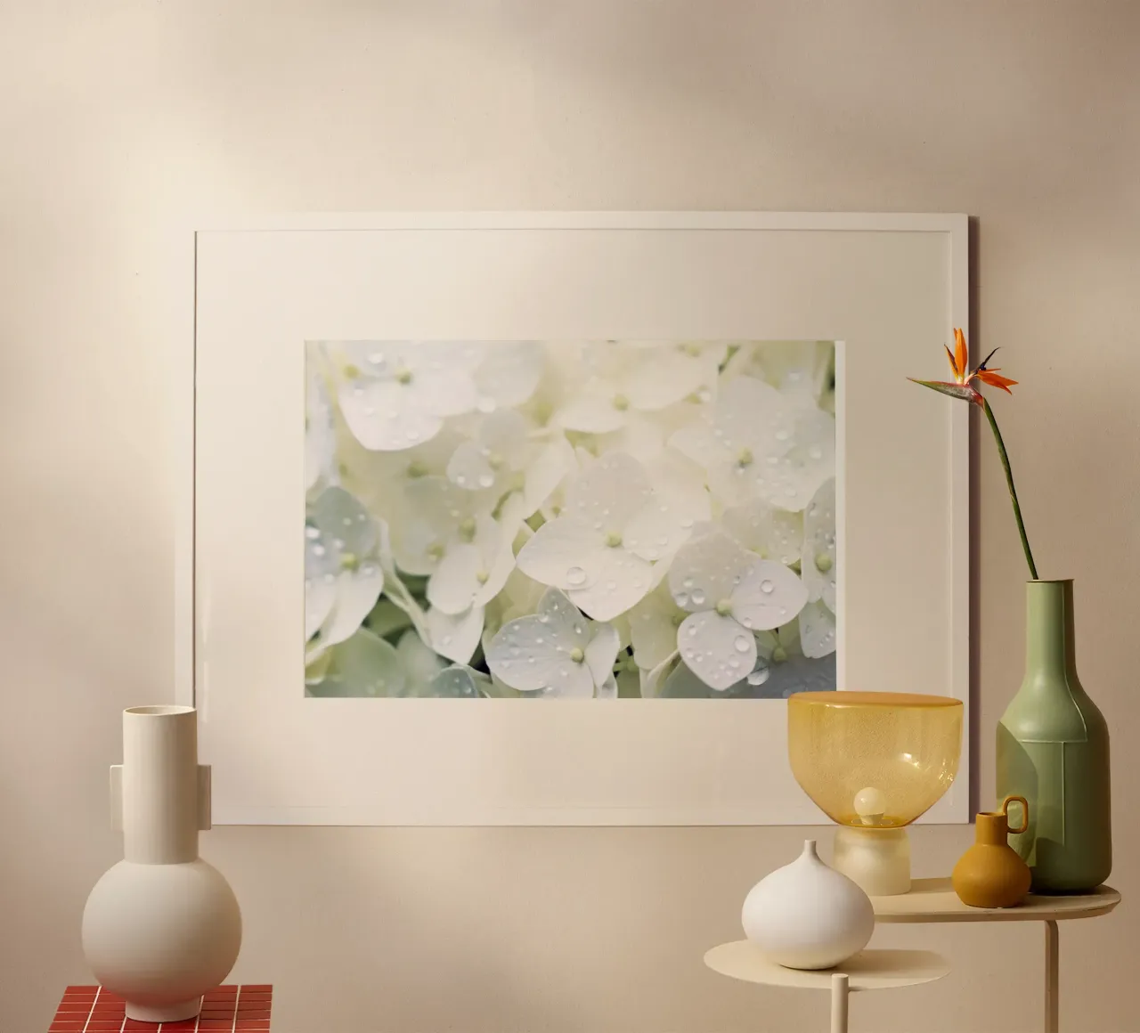 Pure Serenity: White Hydrangea Close-Up with Dewy Elegance poster with aluminum frame by Modern Muse