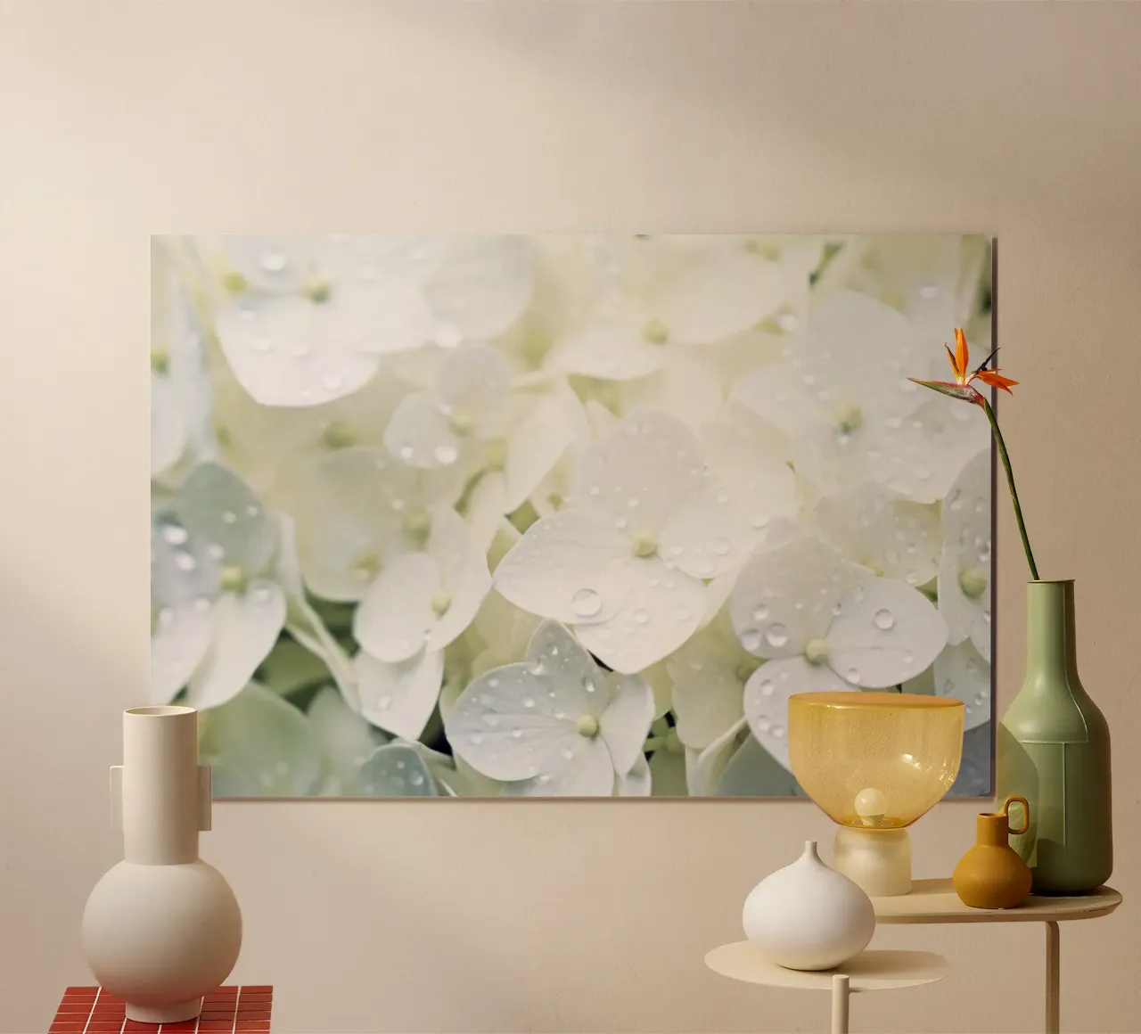 Pure Serenity: White Hydrangea Close-Up with Dewy Elegance poster with aluminum frame by Modern Muse