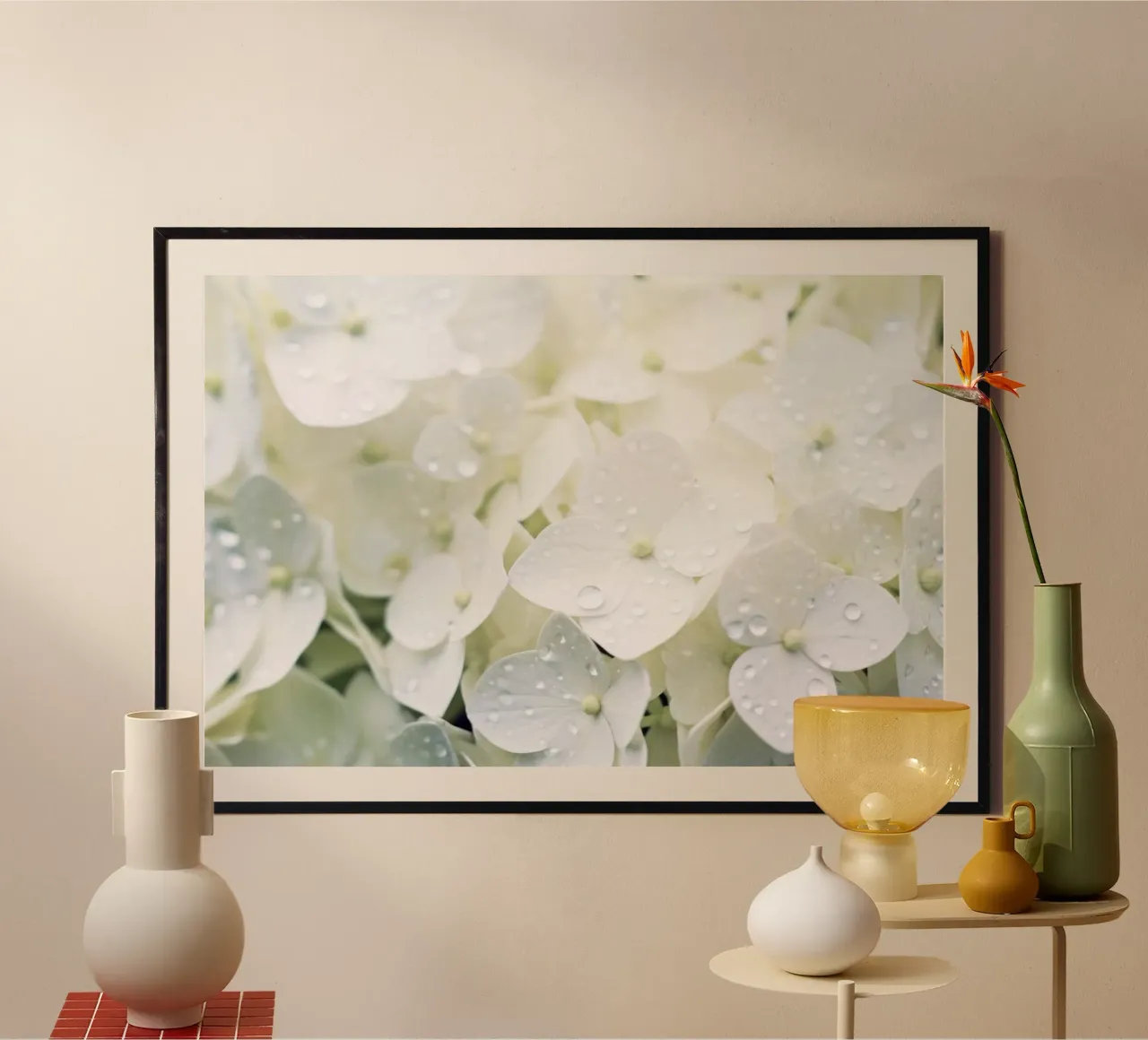 Pure Serenity: White Hydrangea Close-Up with Dewy Elegance poster with aluminum frame by Modern Muse
