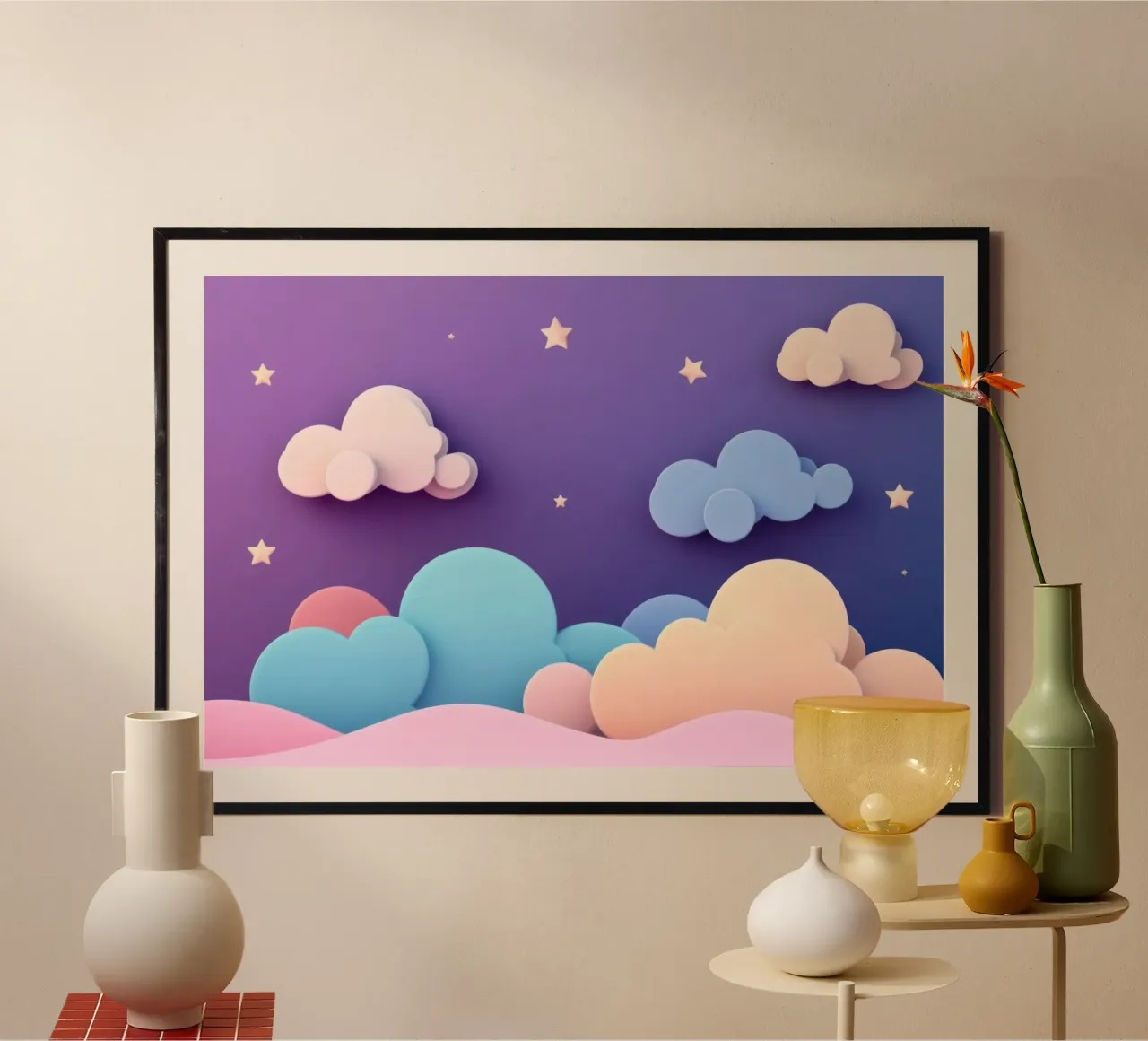 Cieli sognanti: Nuvole viola, rosa e lilla per la stanza dei bambini poster con telaio in plastica da Modern Muse