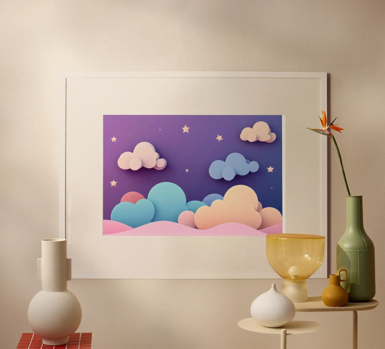 Cielos de ensueño: Nubes moradas, rosas y lilas para el cuarto de los niños poster de Modern Muse