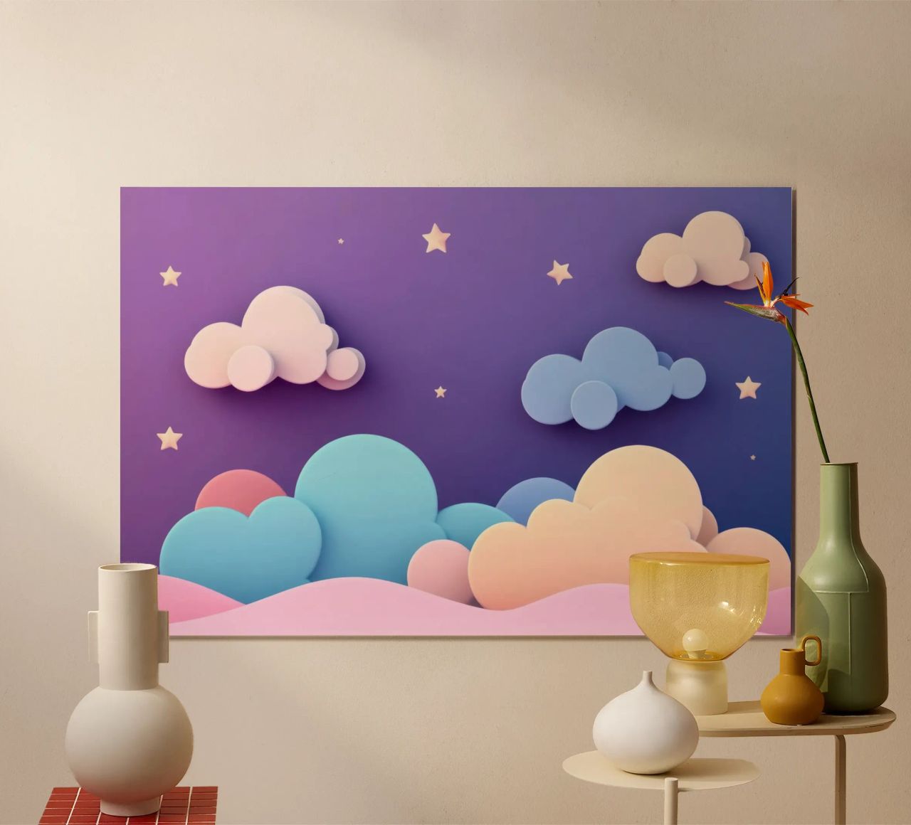 Cielos de ensueño: Nubes moradas, rosas y lilas para el cuarto de los niños poster de Modern Muse