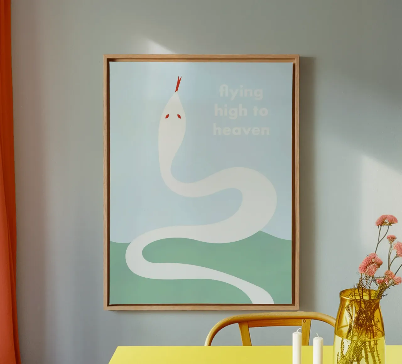 flying high to heaven - white snake canvas with Floater frame by natural neutral