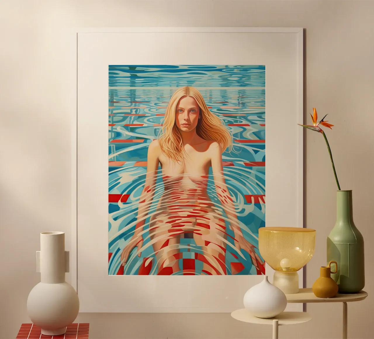 Nackte Blondine im Pool | Duschvorhang Poster von Autofocus