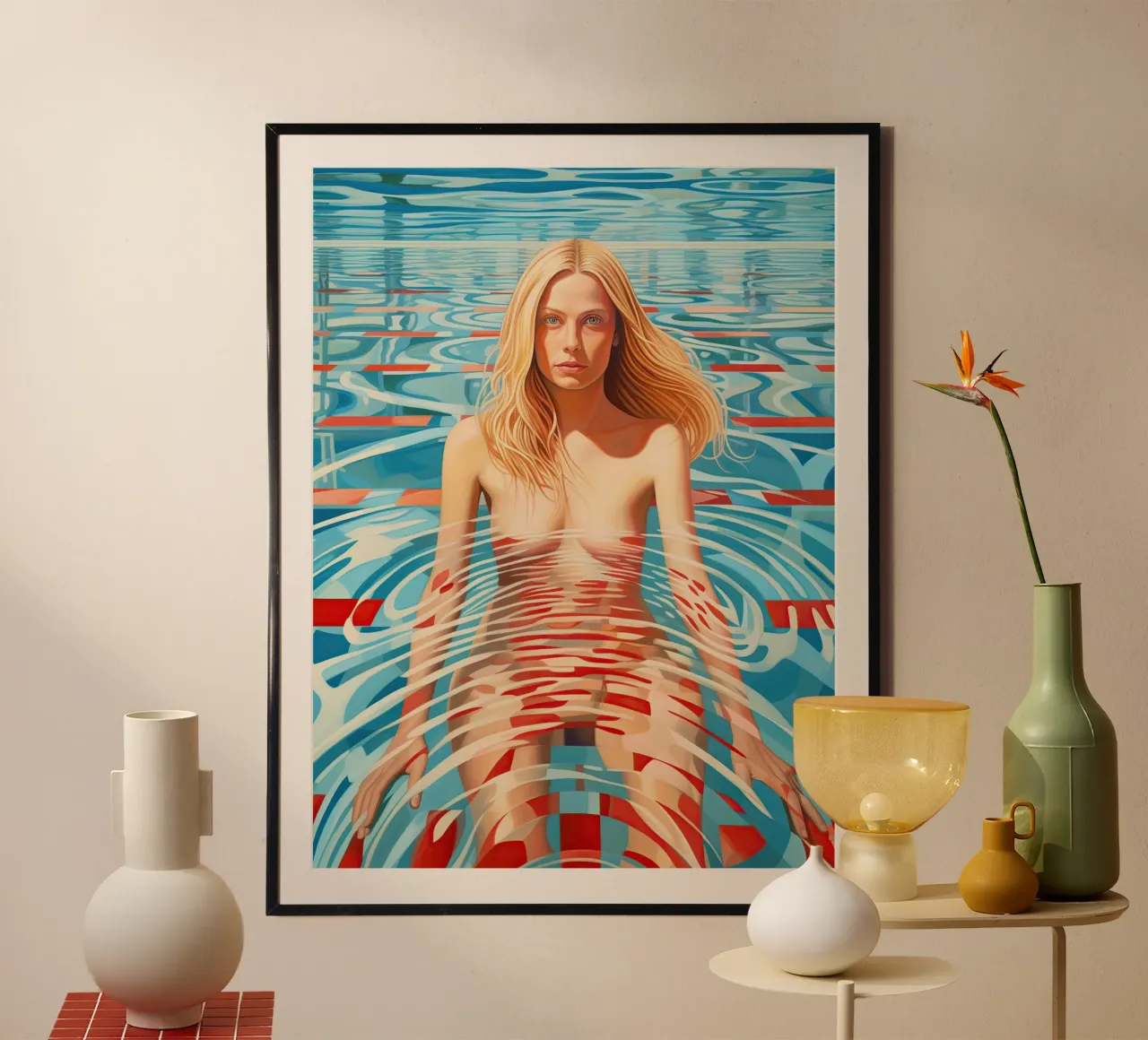 Nackte Blondine im Pool | Duschvorhang Poster von Autofocus