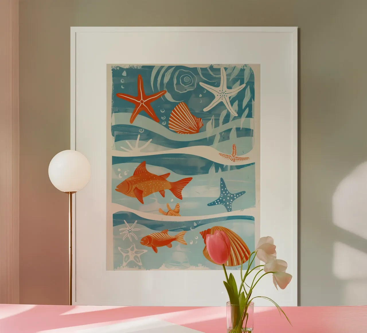 Nature morte maritime en bleu clair et orange | Badezimmer-Art poster avec cadre en aluminium de Autofocus