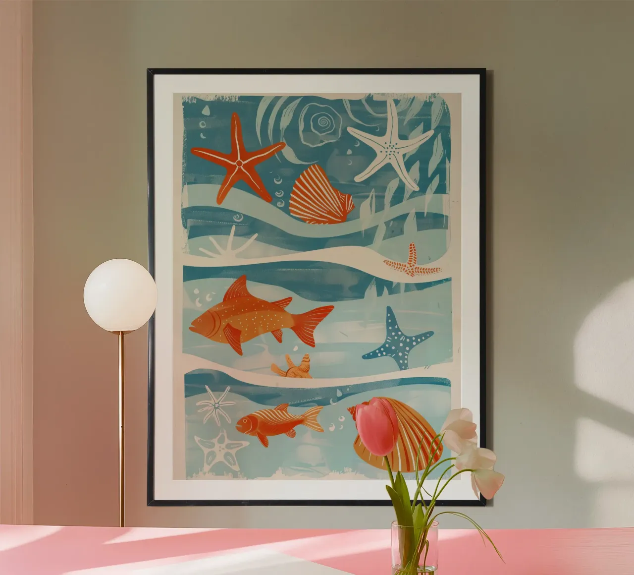 Nature morte maritime en bleu clair et orange | Badezimmer-Art poster avec cadre en aluminium de Autofocus
