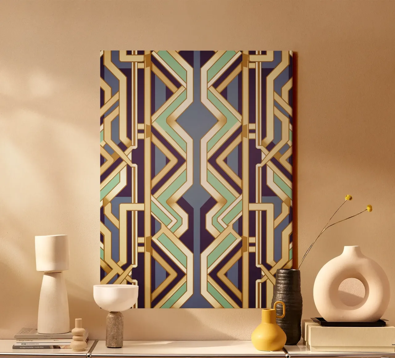 Geometrische retrofasering canvas met Baklijst van Carinaprint