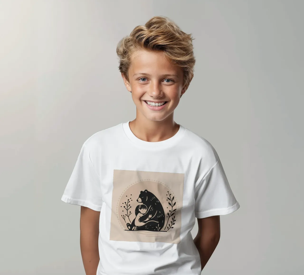 Security: Bear and child - A touching illustration kids t-shirt by namosh
