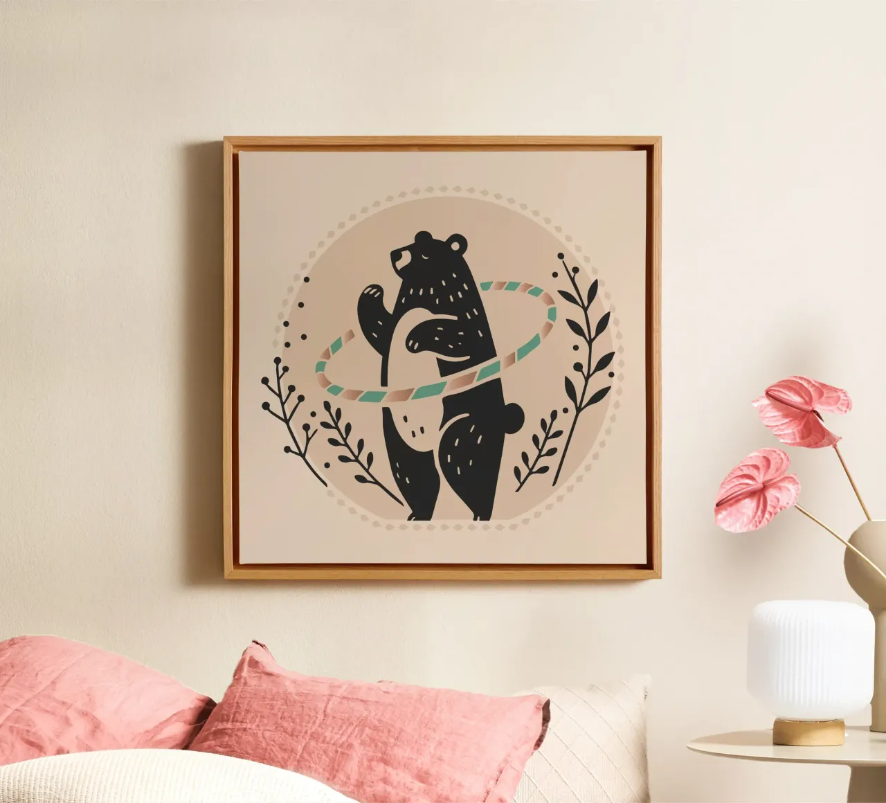 Bruine beer met hoelahoep - Speelse illustratie canvas met Baklijst van namosh