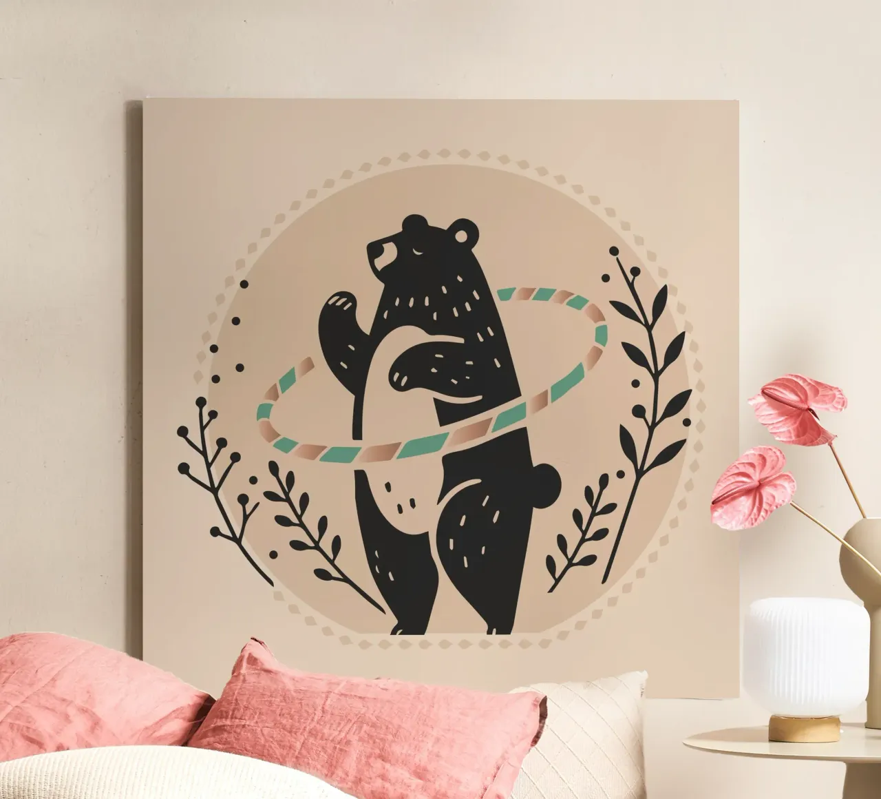 Bruine beer met hoelahoep - Speelse illustratie canvas met Baklijst van namosh