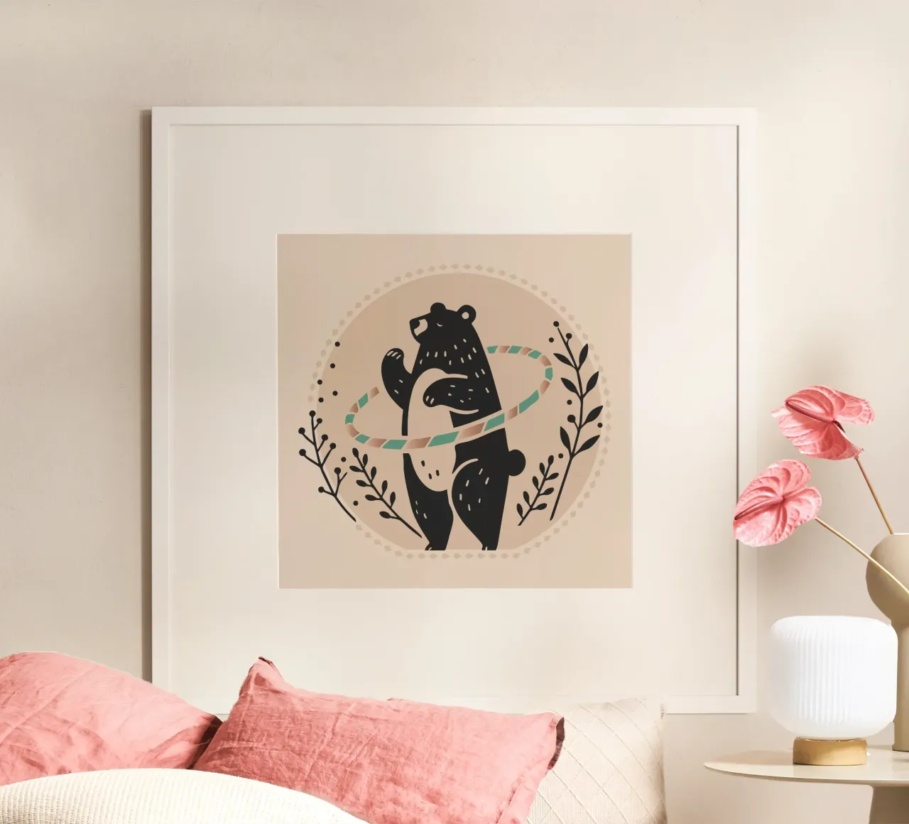 Orso bruno con hula hoop - Illustrazione giocosa poster con telaio in plastica da namosh