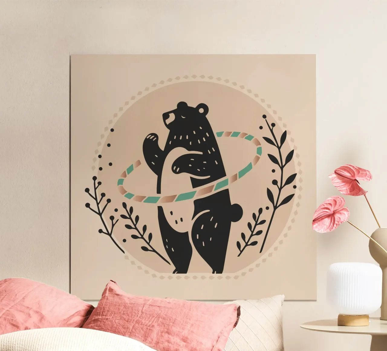 Orso bruno con hula hoop - Illustrazione giocosa poster con telaio in plastica da namosh