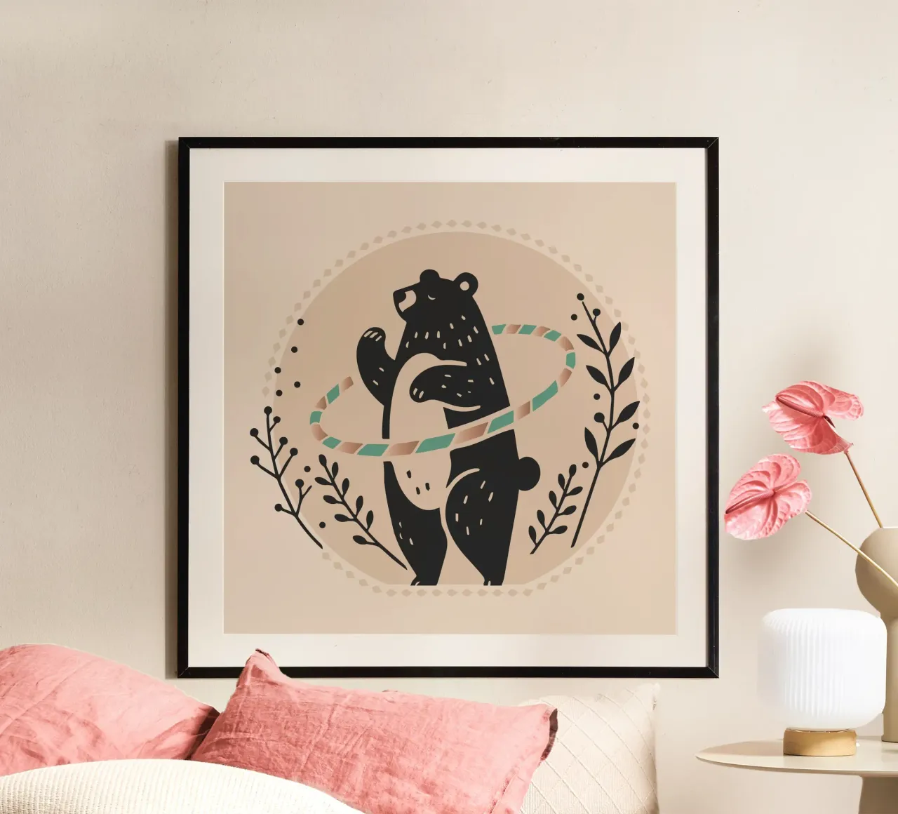 Orso bruno con hula hoop - Illustrazione giocosa poster con telaio in plastica da namosh