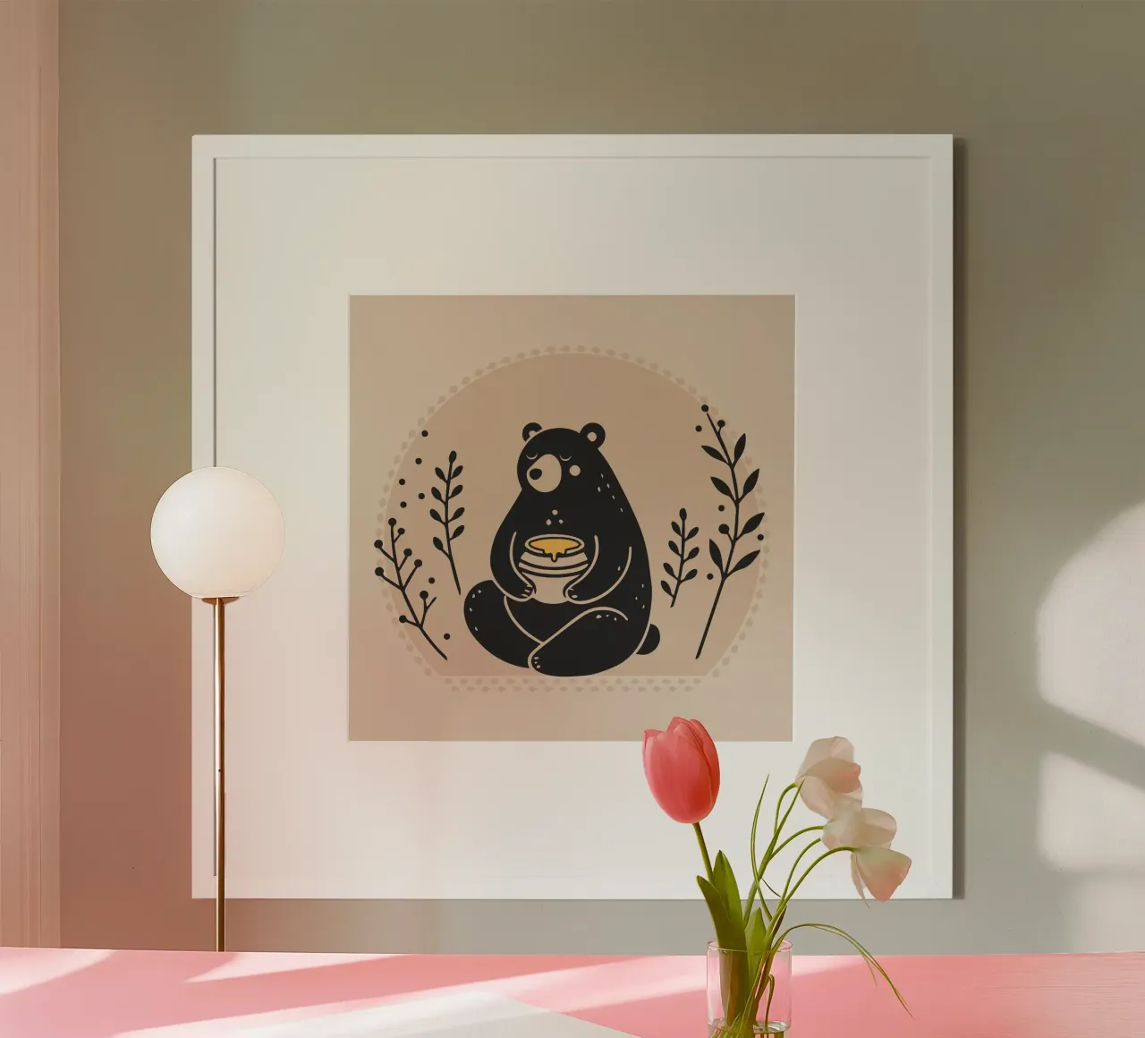 Orso bruno con vaso di miele - Bella illustrazione poster con telaio in plastica da namosh
