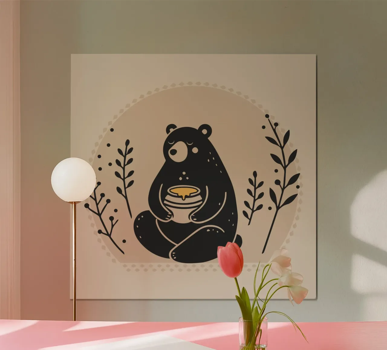 Orso bruno con vaso di miele - Bella illustrazione poster con telaio in plastica da namosh