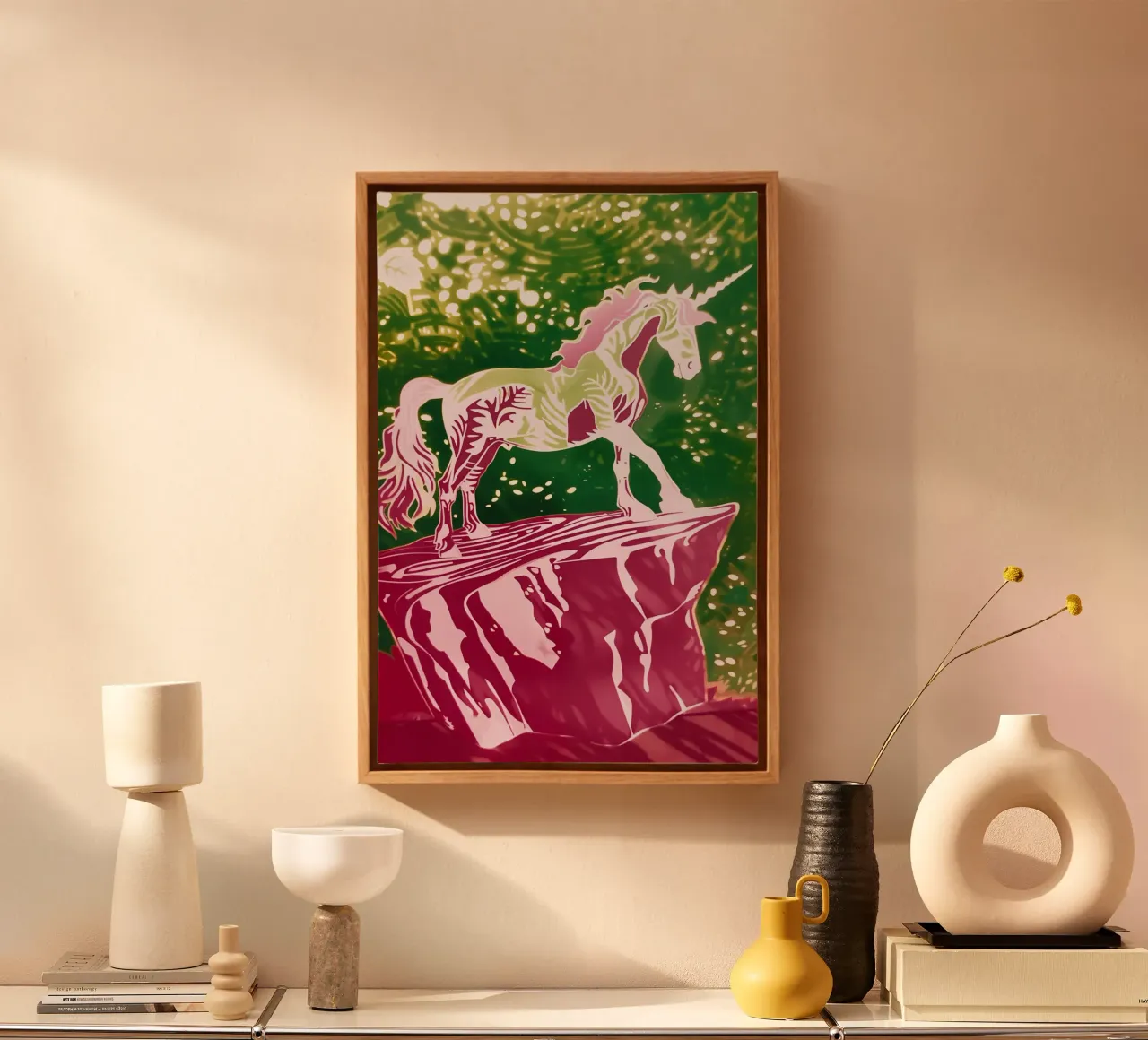 The Last Unicorn | Fairytale silhouette with a retro look canvas with Floater frame by Autofocus