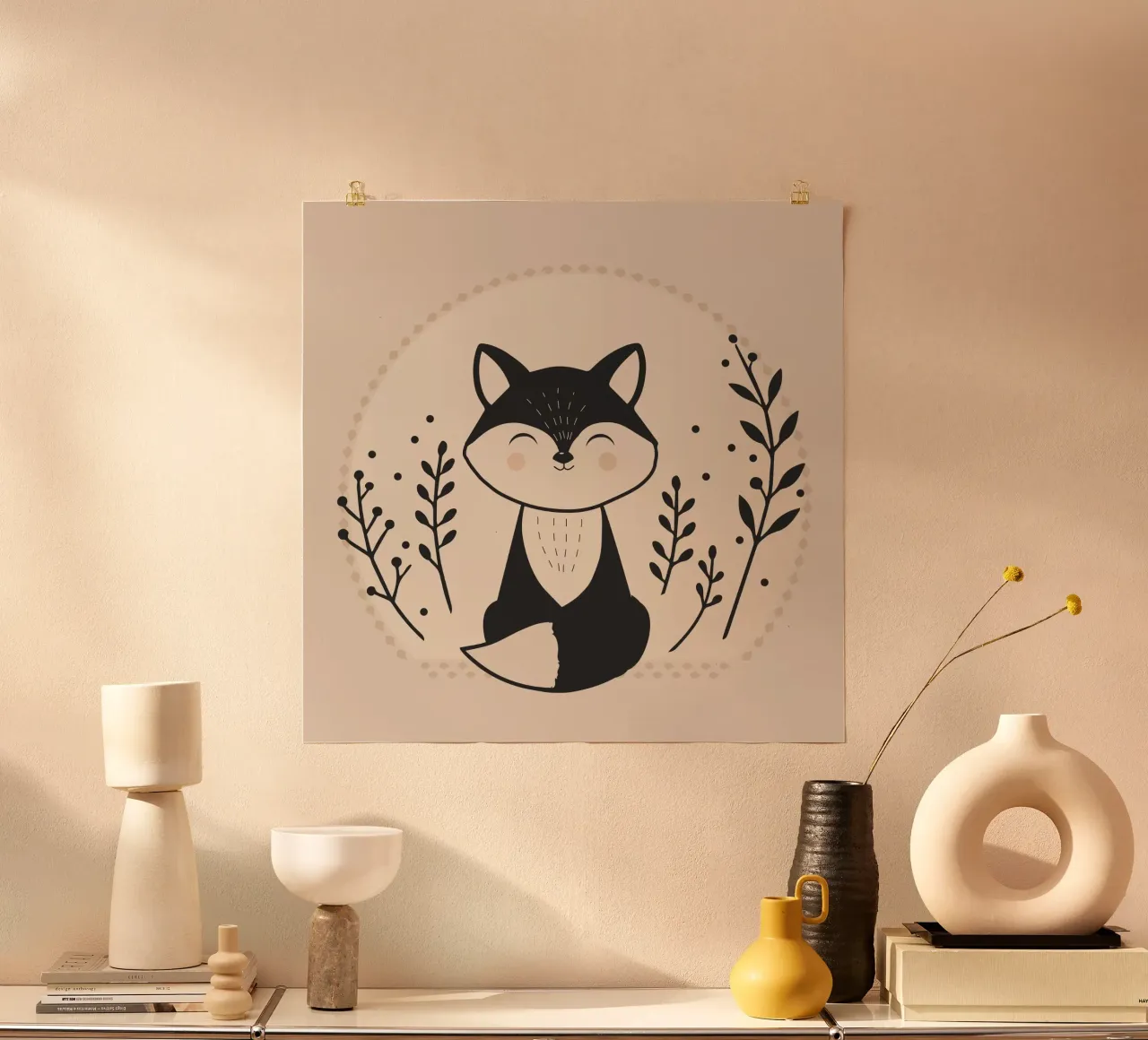 Volpe sorridente - Illustrazione minimalista poster con telaio in legno da namosh
