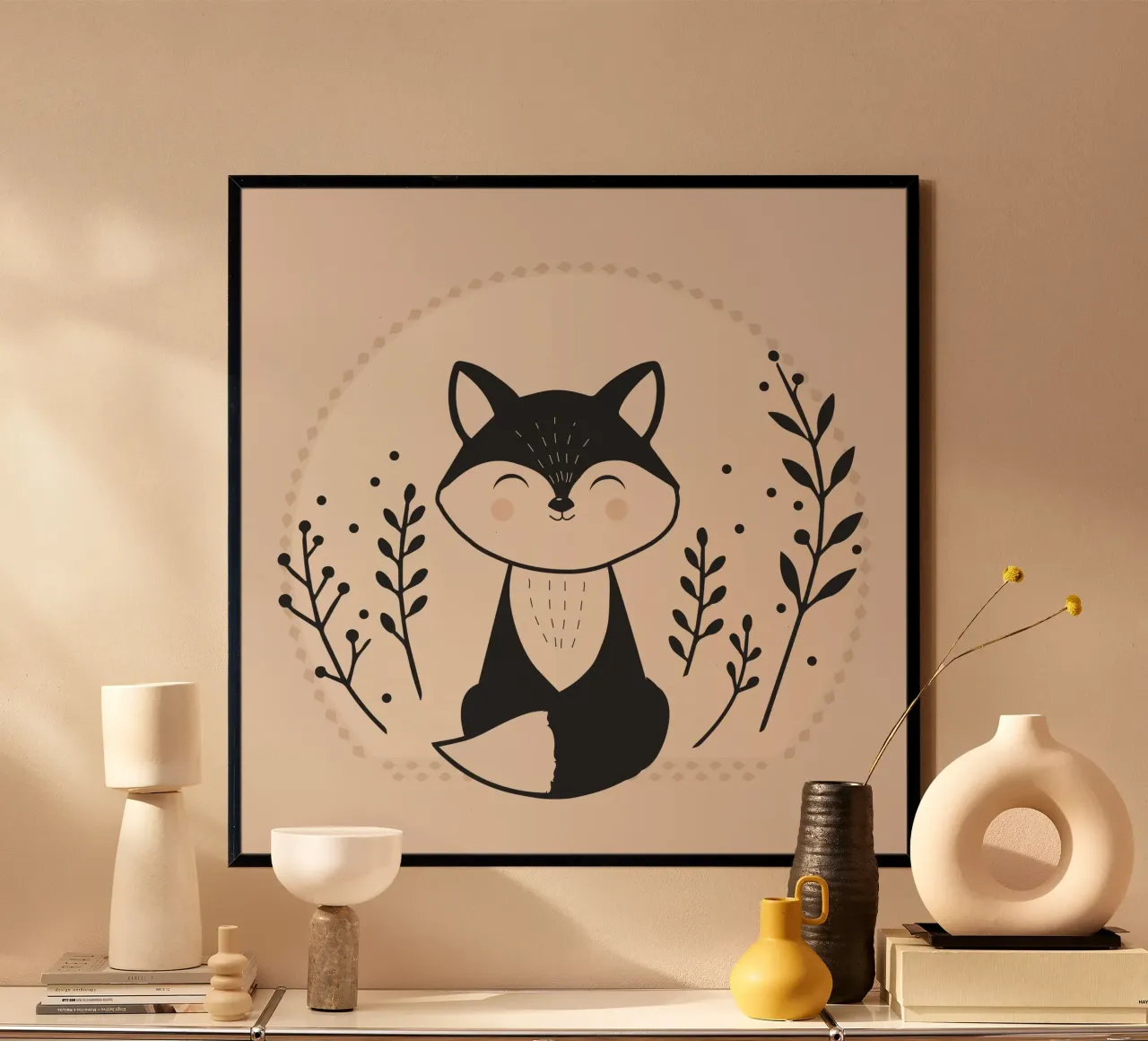 Volpe sorridente - Illustrazione minimalista poster con telaio in legno da namosh