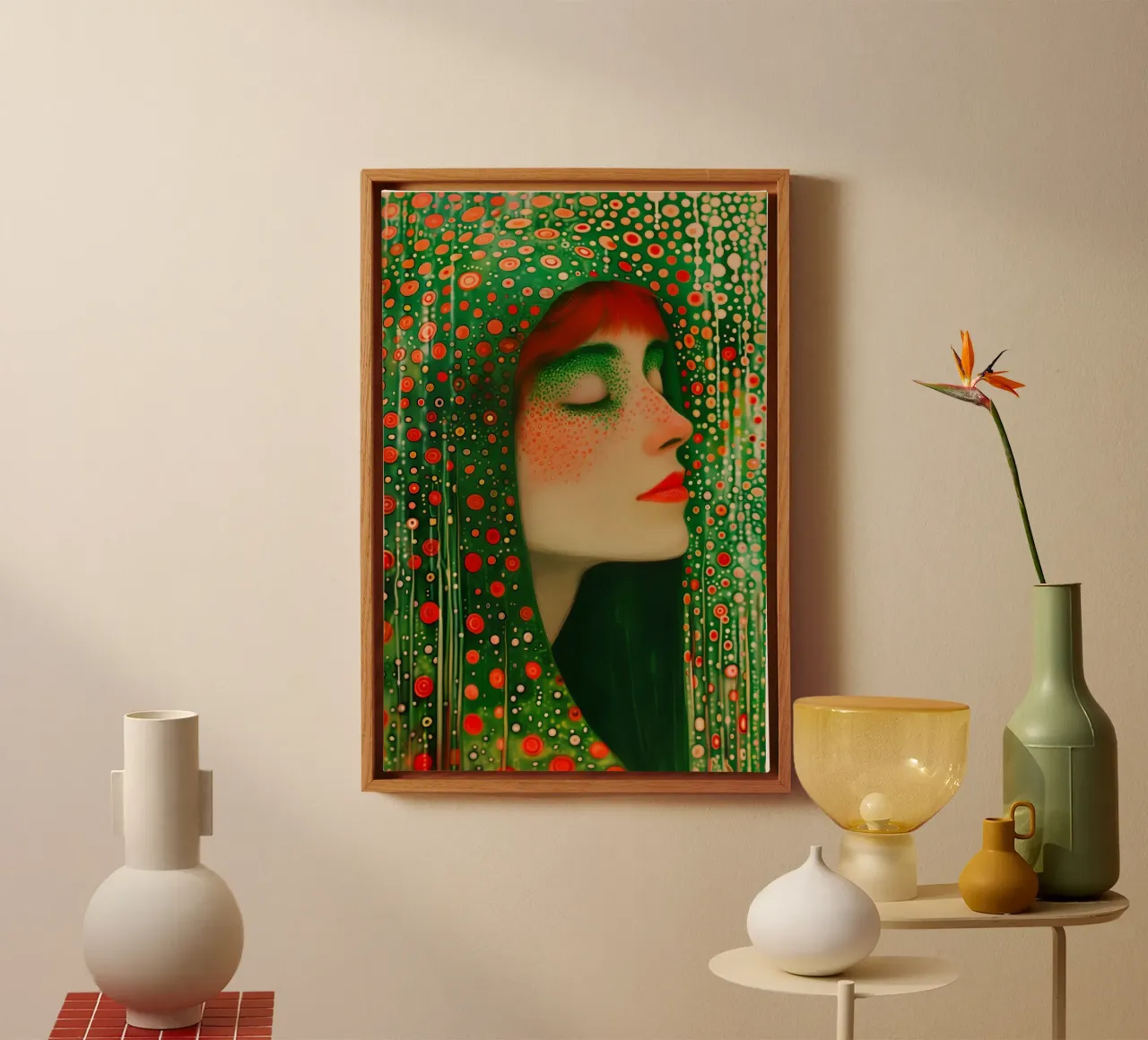 Arrival in the green-red freckle-climate universe canvas with Floater frame by Autofocus