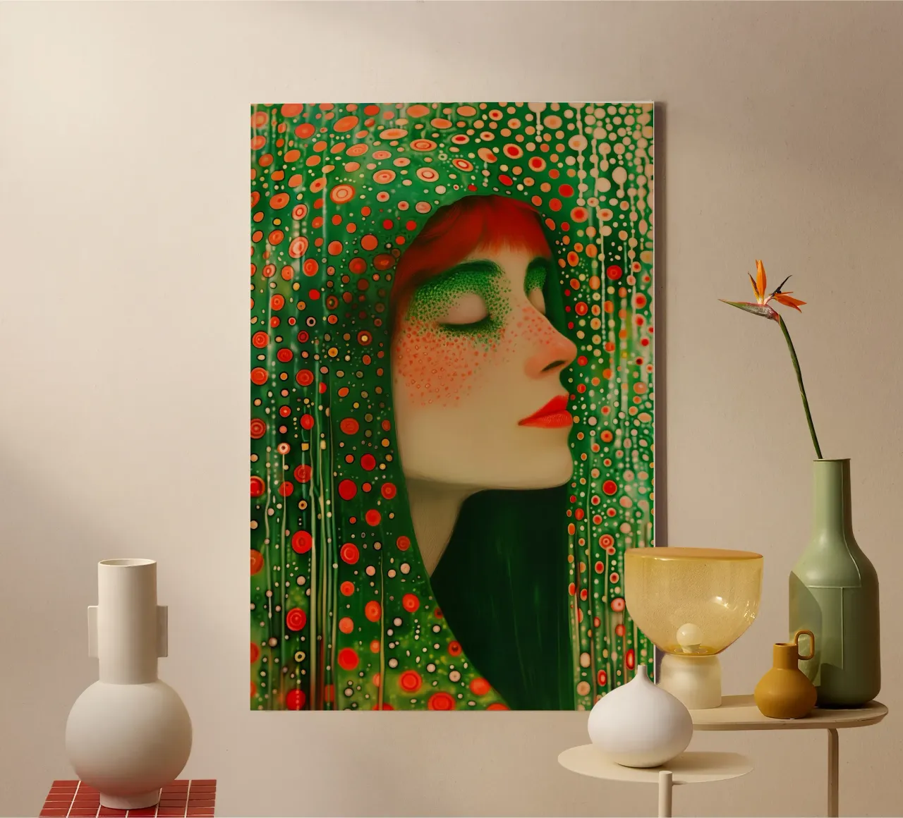 Arrival in the green-red freckle-climate universe canvas with Floater frame by Autofocus
