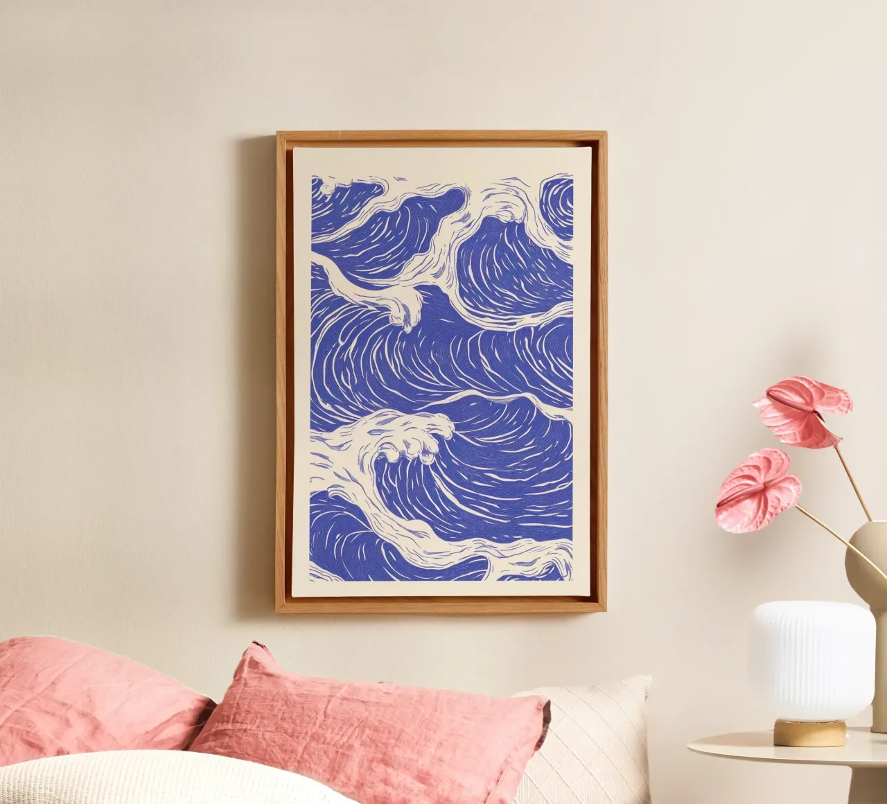 Illustrazione delle onde dell'oceano blu tela con Cornice a cassetta da Melloi Art Print