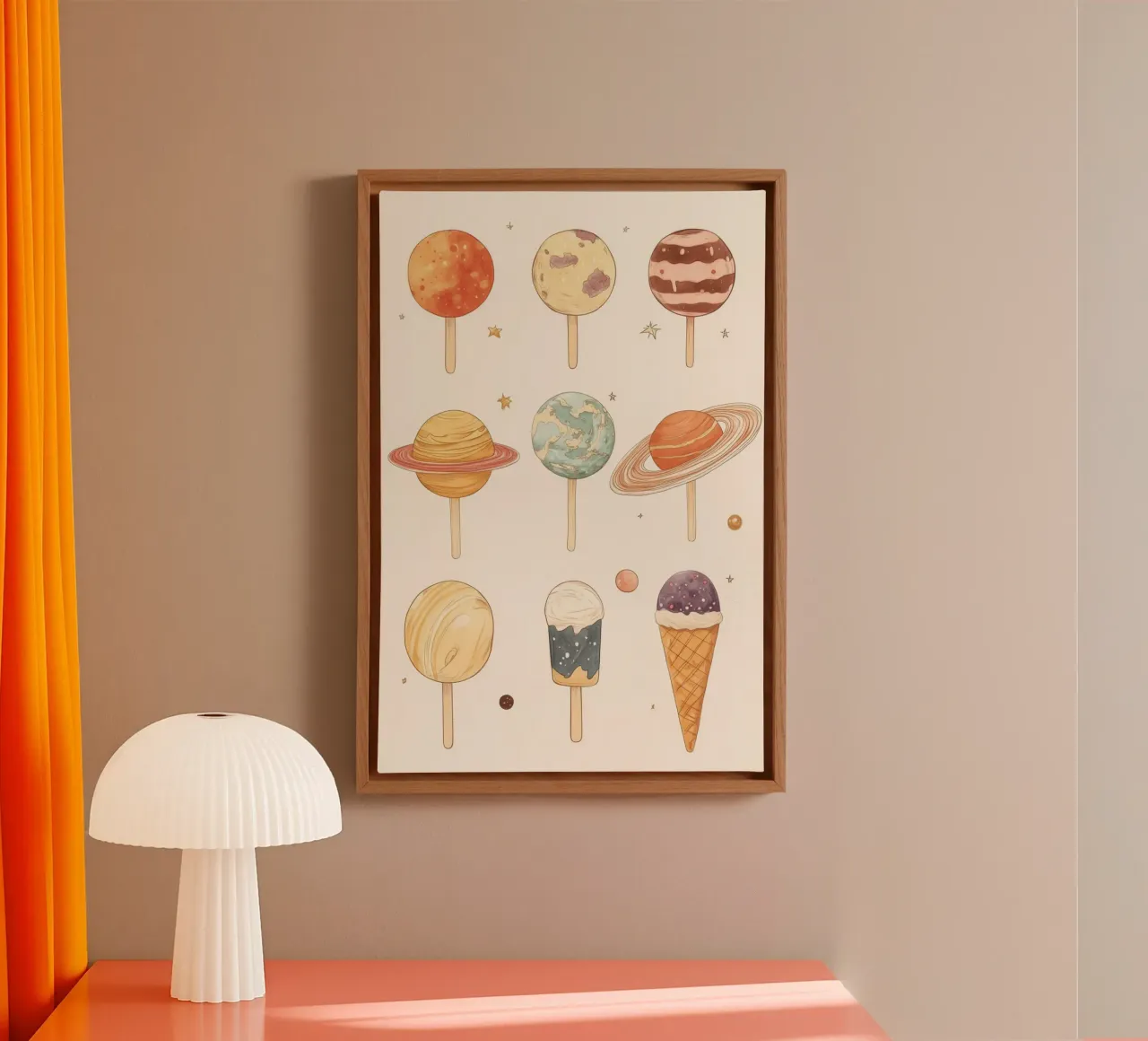 Planet-Themed Ice Cream and Lollipops canvas with Floater frame by Melloi Art Print